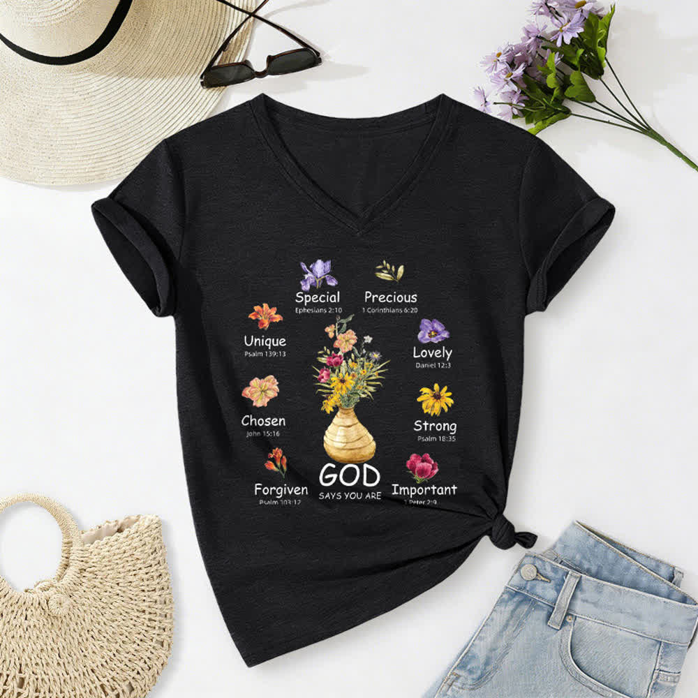 Christianartworkshop God Says You Are Floral Graphic Relaxed Womens V Neck Tee - Black - 2XL - image 24