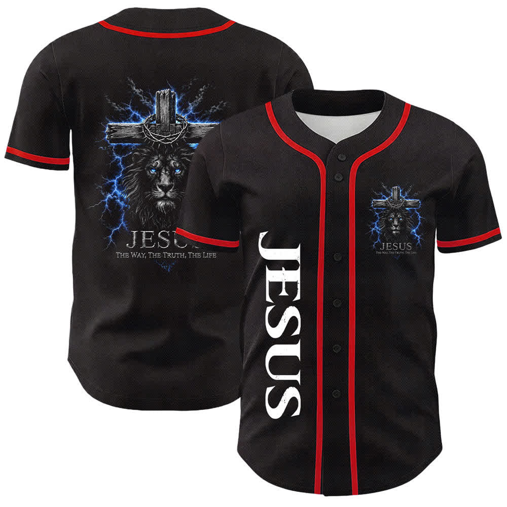 Christianartworkshop Jesus Lion Lightning Black Baseball Jersey - Red - 5XL - image 9