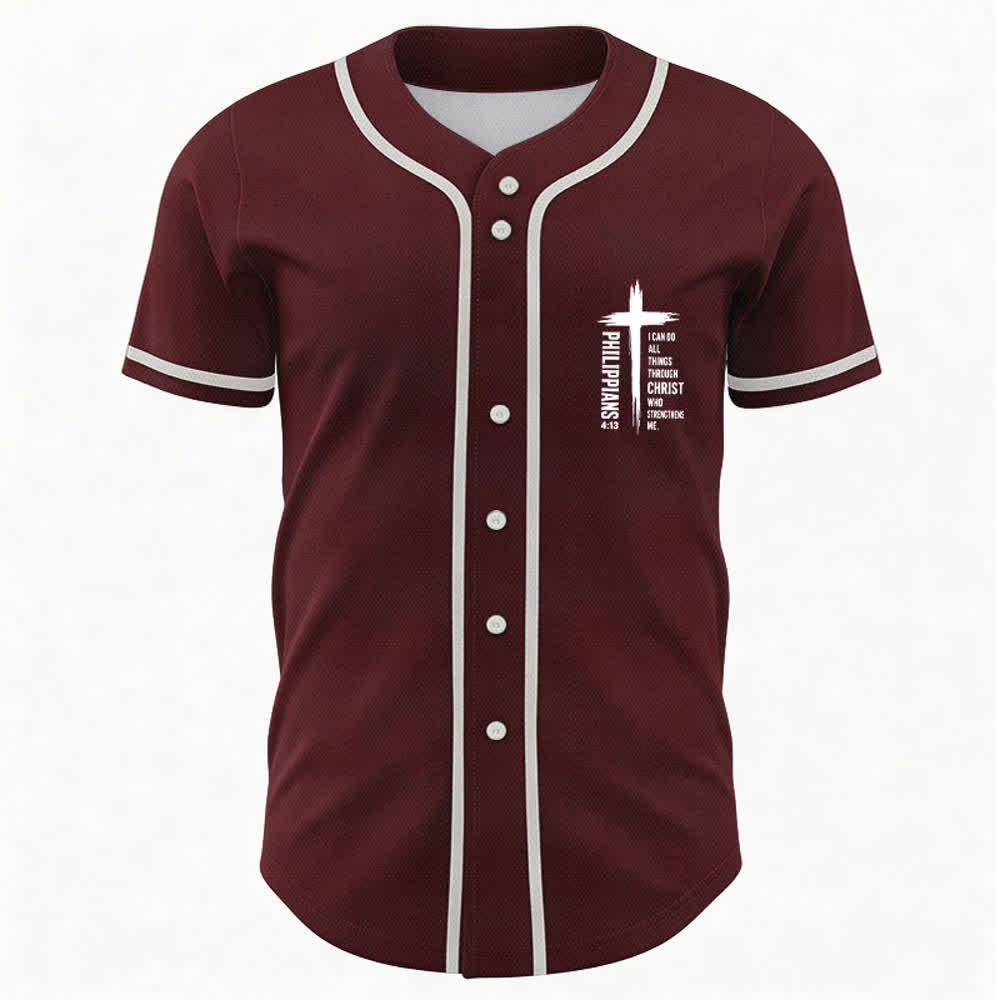 Christianartworkshop Philippians 4:13 Cross Graphic Contrast Trim Baseball Jersey - image 2