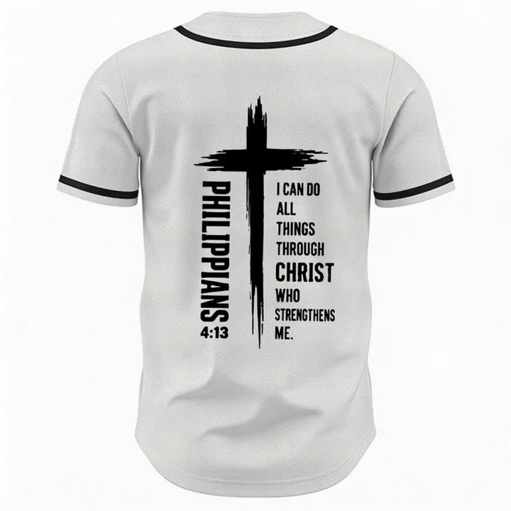 Christianartworkshop Philippians 4:13 Cross Graphic Contrast Trim Baseball Jersey - image 36
