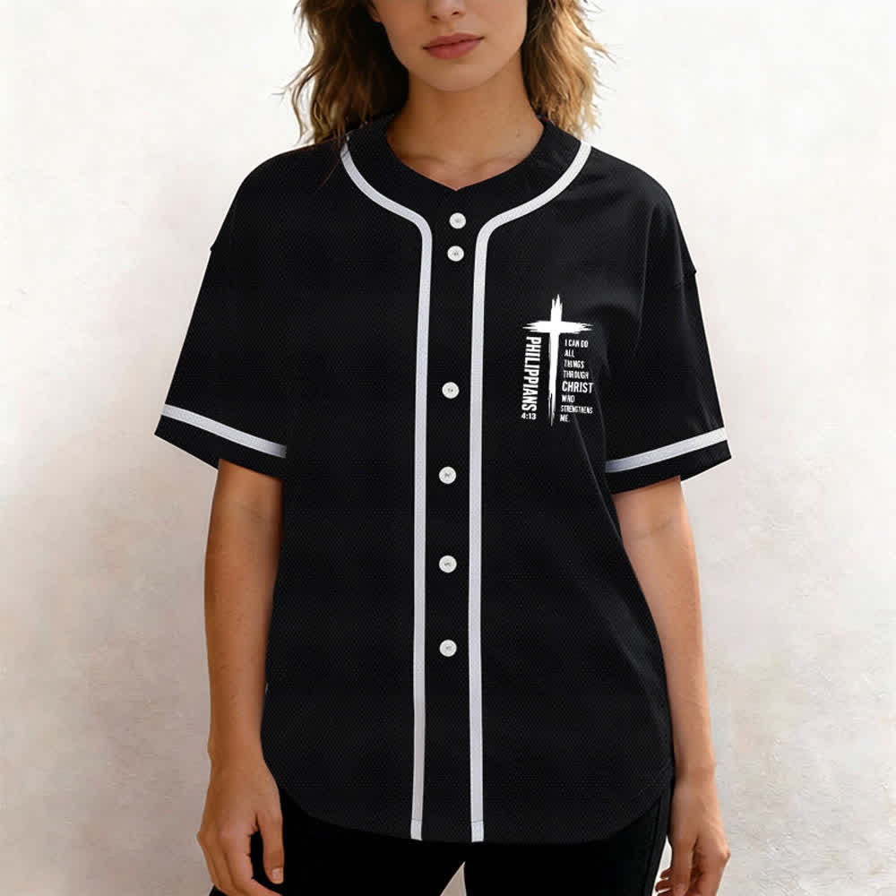 Christianartworkshop Philippians 4:13 Cross Graphic Contrast Trim Baseball Jersey - image 11