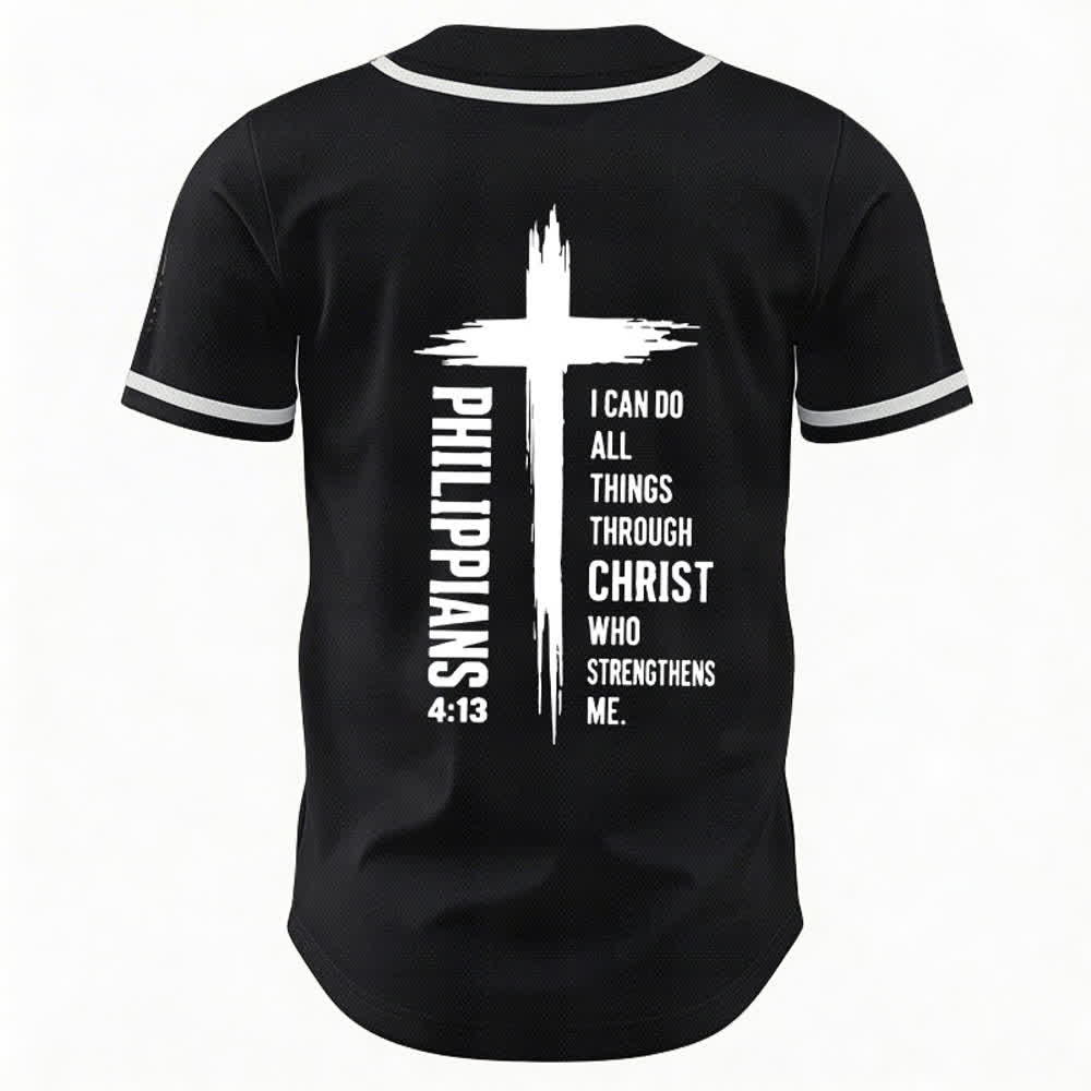 Christianartworkshop Philippians 4:13 Cross Graphic Contrast Trim Baseball Jersey - image 8