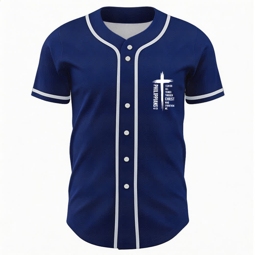 Christianartworkshop Philippians 4:13 Cross Graphic Contrast Trim Baseball Jersey - image 30