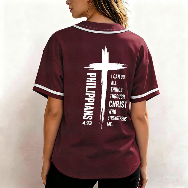 Christianartworkshop Philippians 4:13 Cross Graphic Contrast Trim Baseball Jersey - image 3