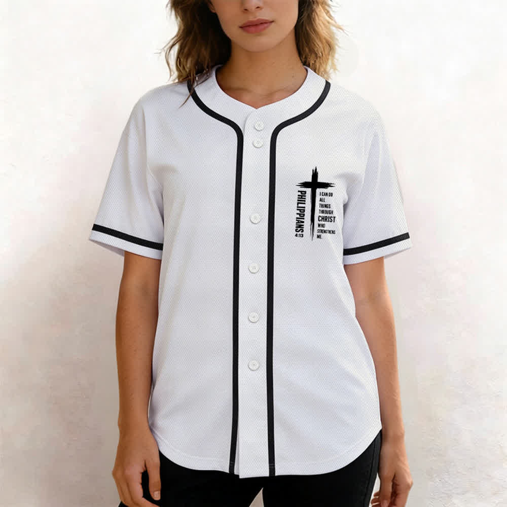 Christianartworkshop Philippians 4:13 Cross Graphic Contrast Trim Baseball Jersey - image 39