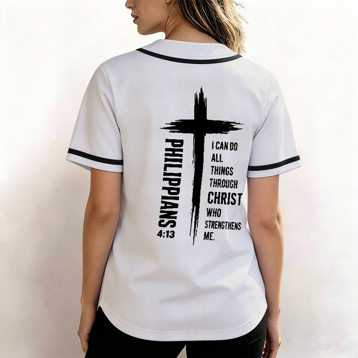 Christianartworkshop Philippians 4:13 Cross Graphic Contrast Trim Baseball Jersey - image 38