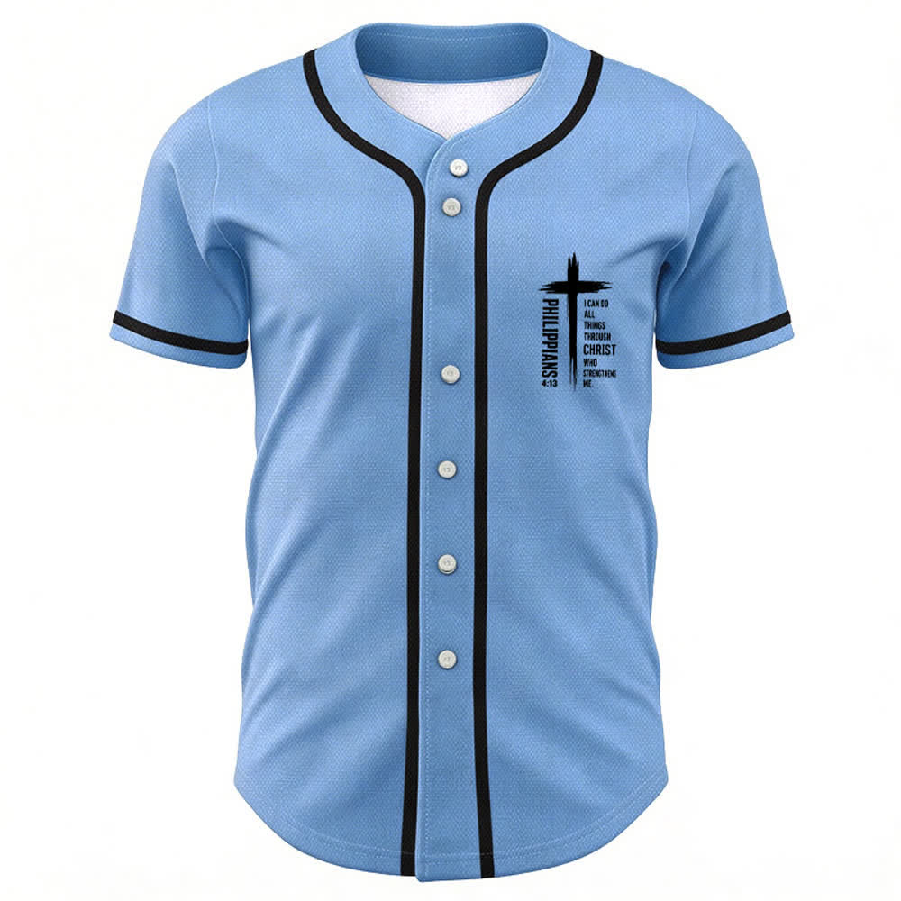 Christianartworkshop Philippians 4:13 Cross Graphic Contrast Trim Baseball Jersey - image 51