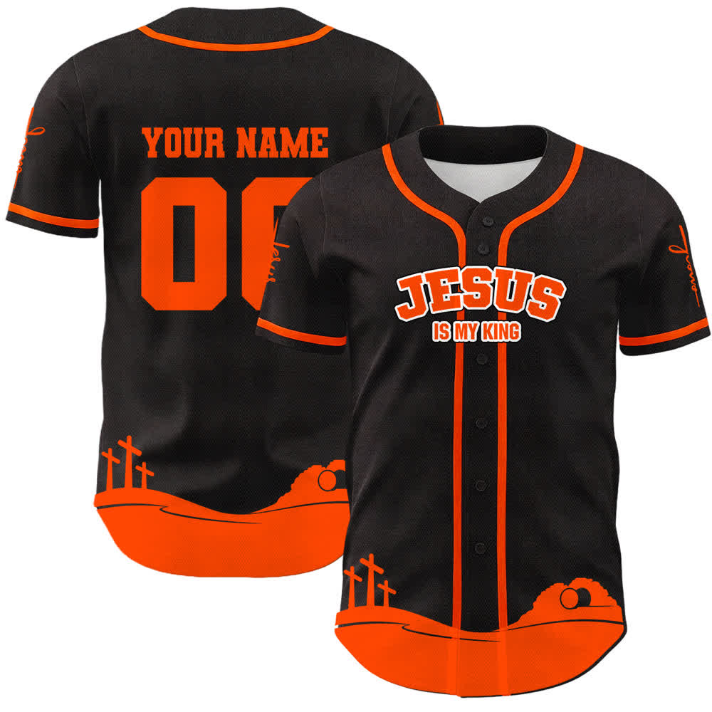 Christianartworkshop Jesus Is My King Name & Number Personalized Baseball Jersey - Name & Number Customized - Orange - 5XL - image 0