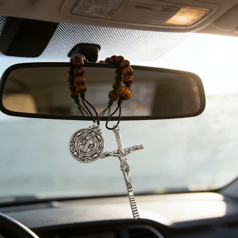 Christianartworkshop Vintage Wood Bead Car Pendant With St.Benedict Medal & Crucifix: Emblem of Stable Roadside Heavenly Protection - St.Benedict Medal & Crucifix - image 0
