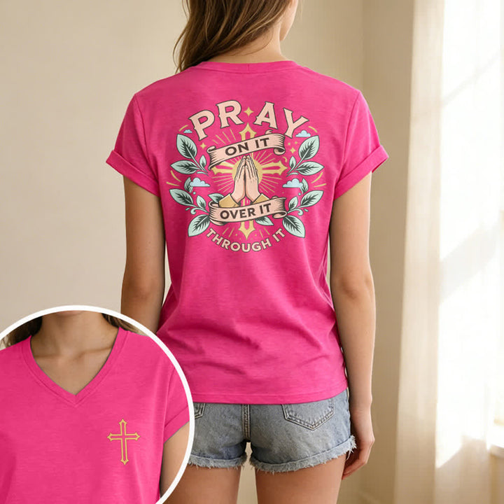 Christianartworkshop Pray On It Side Knot Rolled Sleeve Women's V Neck Tee - image 75
