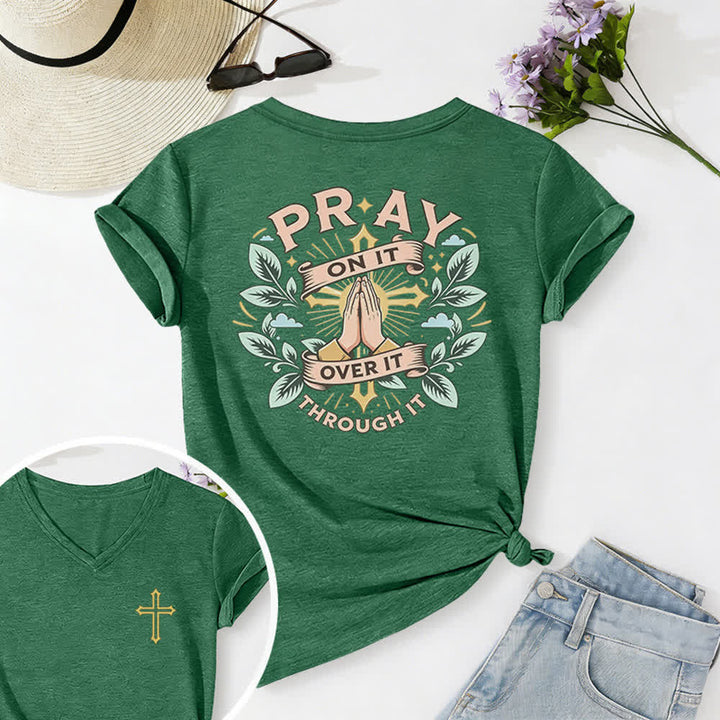 Christianartworkshop Pray On It Side Knot Rolled Sleeve Women's V Neck Tee - Dark Green - 2XL - image 48