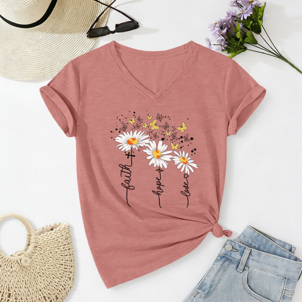 Christianartworkshop Faith Hope Love Daisy Butterfly Women's V Neck Tee - image 18