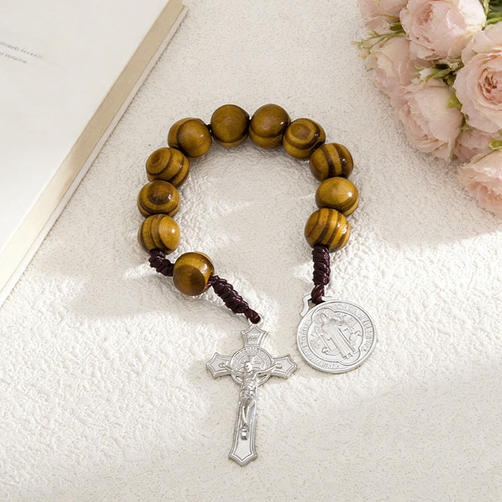 Christianartworkshop Striped Wood Bead Car Hanging With Jesus Crucifix & Holy Figure Medal: Emblem of Roadside Heavenly Safeguard - image 5