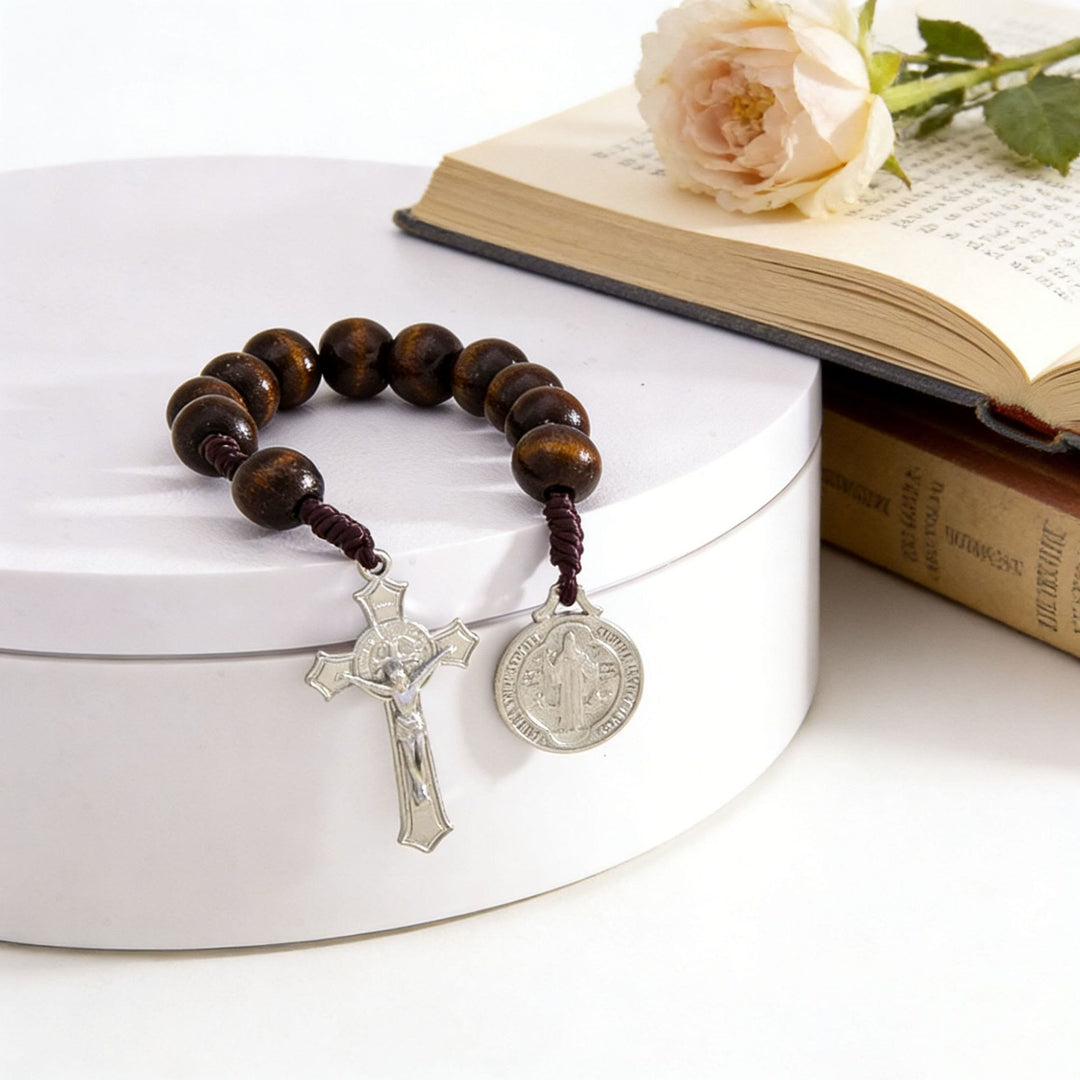 Christianartworkshop Striped Wood Bead Car Hanging With Jesus Crucifix & Holy Figure Medal: Emblem of Roadside Heavenly Safeguard - image 11