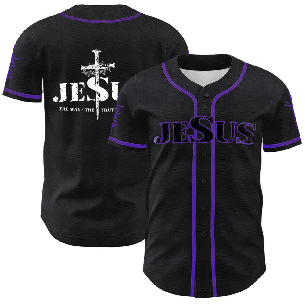 Christianartworkshop Jesus Cross Nail and Crown of Thorns Baseball Jersey - Black Jesus - Purple - 5XL - image 29