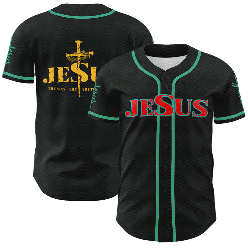 Christianartworkshop Jesus Cross Nail and Crown of Thorns Baseball Jersey - Red Jesus - Lake Blue - 5XL - image 48