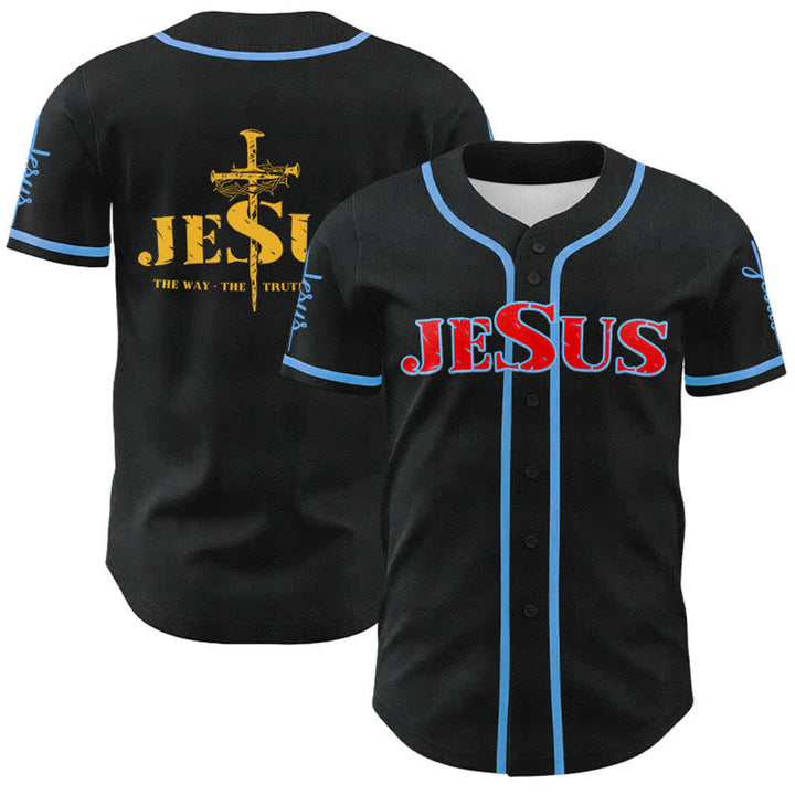 Christianartworkshop Jesus Cross Nail and Crown of Thorns Baseball Jersey - Red Jesus - Sky Blue - 5XL - image 47
