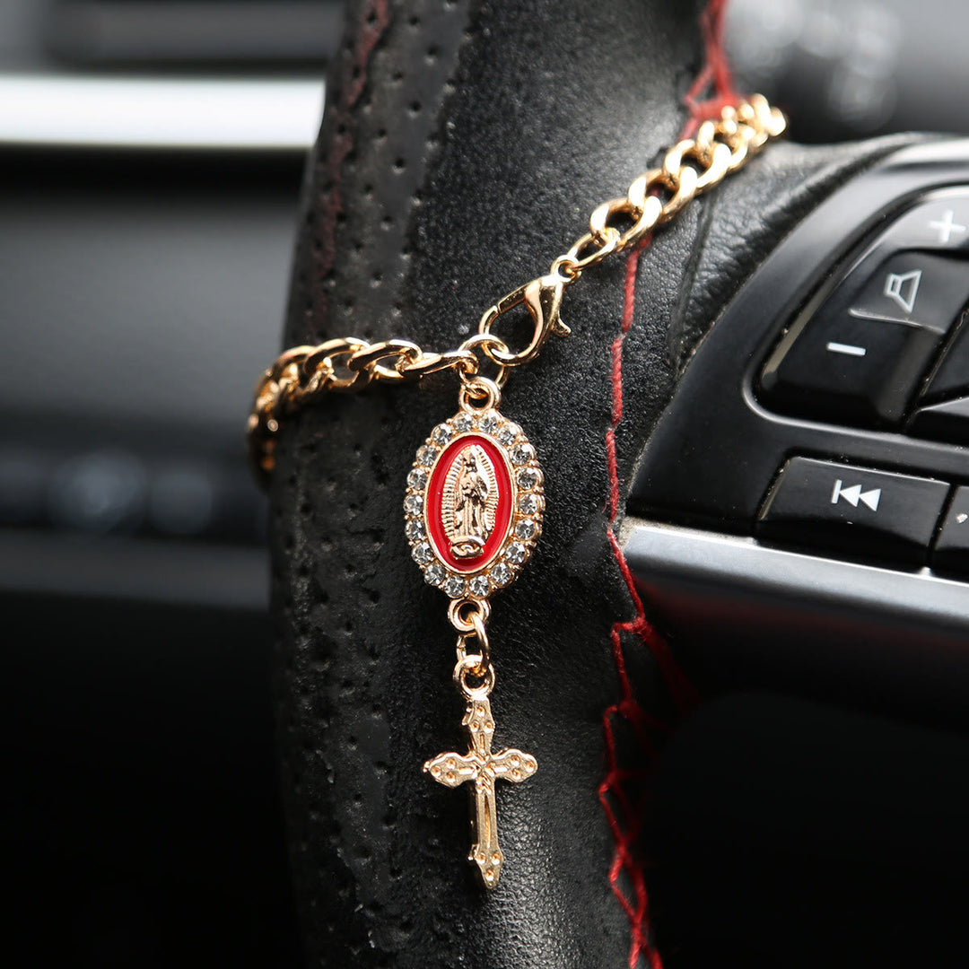 Christianartworkshop Rhinestone‑Framed Our Lady Medallion Car Hanging Ornament: Token of Gentle Heavenly Guidance for Road Travel - B - Red - image 5