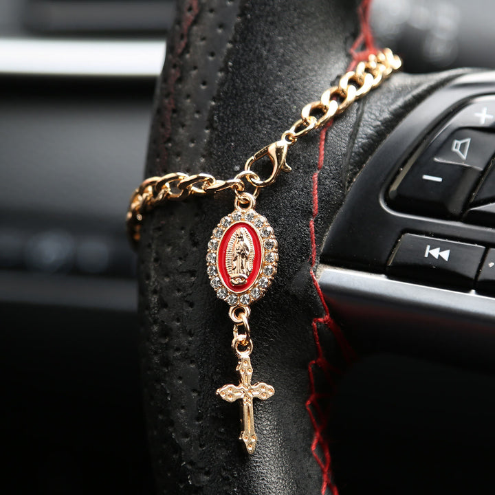 Christianartworkshop Rhinestone‑Framed Our Lady Medallion Car Hanging Ornament: Token of Gentle Heavenly Guidance for Road Travel - B - Red - image 5