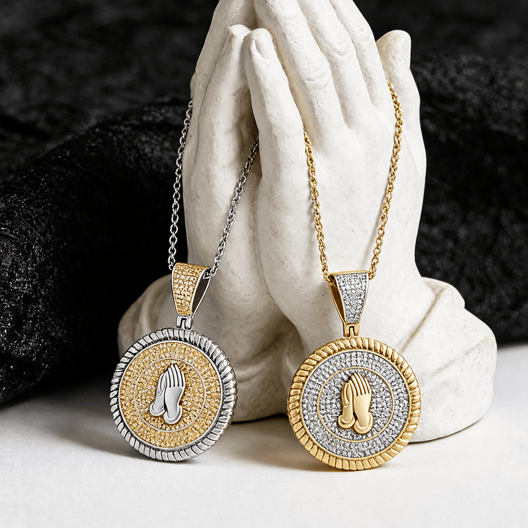 Christianartworkshop Iced Praying Hands Round Medallion Necklace: Emblem of Sincere Heavenly Supplication - Golden+Twist Chain - image 0