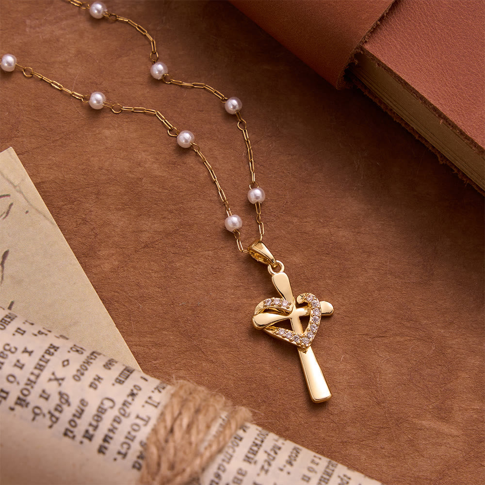 Christianartworkshop Pearl Station Chain Pavé Heart Wrapped Cross Necklace: Emblem of Wholehearted Heavenly Affection - image 6