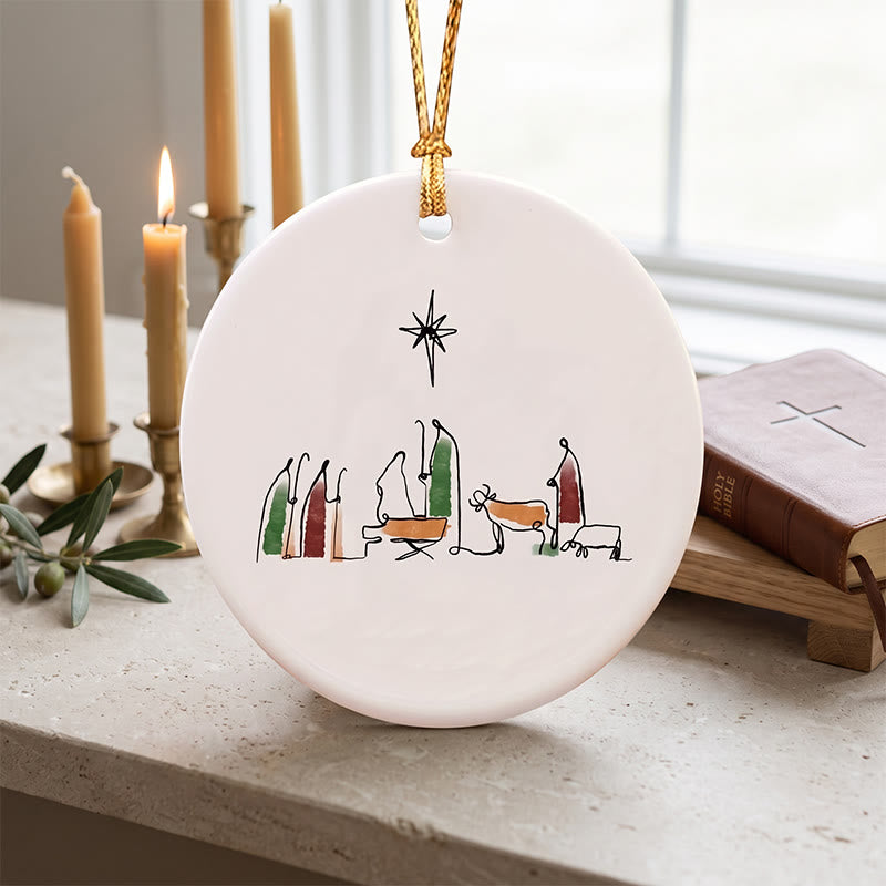 Christianartworkshop Minimalist Line Art Nativity Ceramic Hanging Ornament: Emblem of Humble Heavenly Hope - image 2