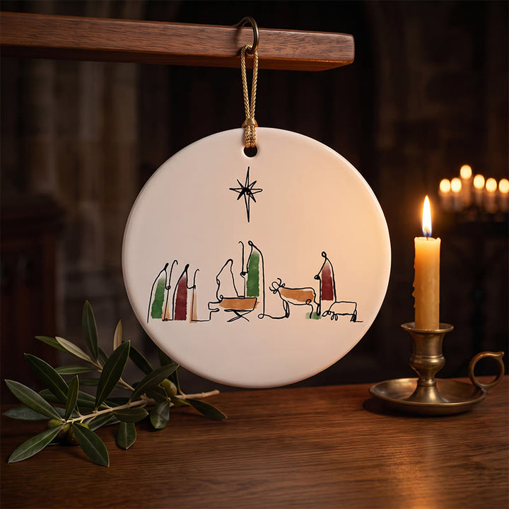 Christianartworkshop Minimalist Line Art Nativity Ceramic Hanging Ornament: Emblem of Humble Heavenly Hope - image 1