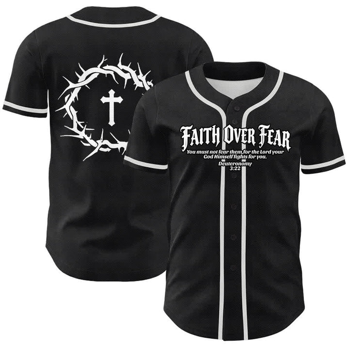 Christianartworkshop Faith Over Fear Crown Of Thorns Cross Scripture Graphic Unisex Baseball Jersey - White - 5XL - image 3