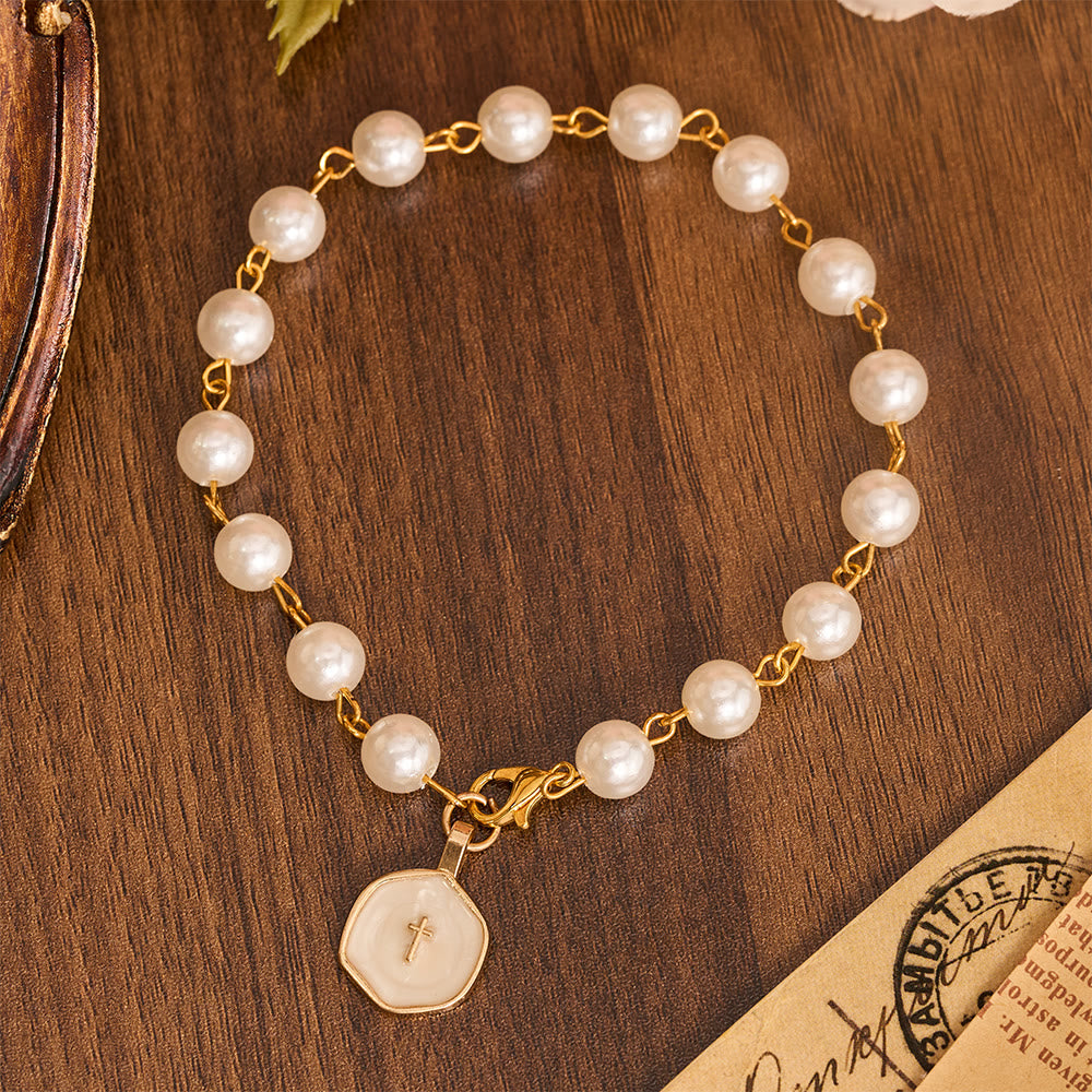 Christianartworkshop Pearl Strand Rearview Mirror Cross Car Pendant: Emblem of Heavenly Travel Protection - Cross - image 0