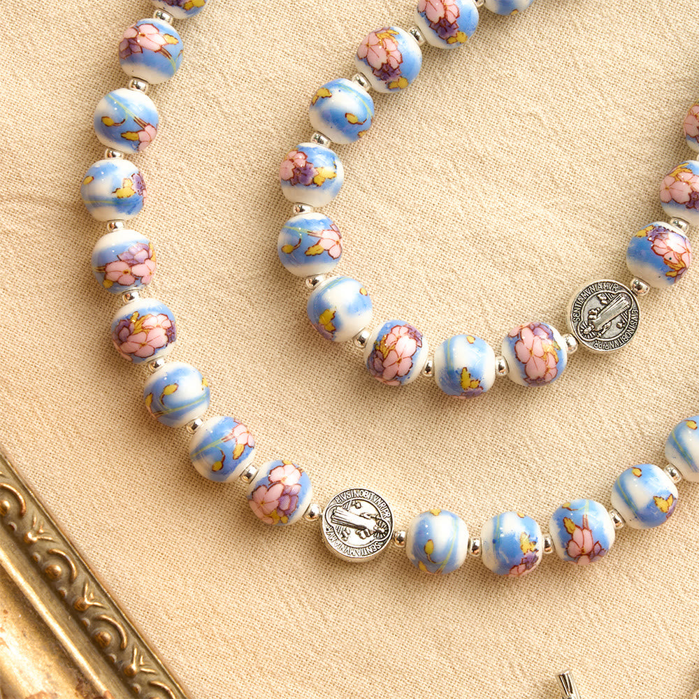 Christianartworkshop Blue & White Floral Ceramic Rosary with St. Benedict Medals & Our Lady - image 26