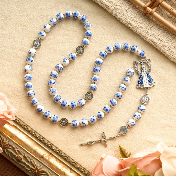 Christianartworkshop Blue & White Floral Ceramic Rosary with St. Benedict Medals & Our Lady - image 35