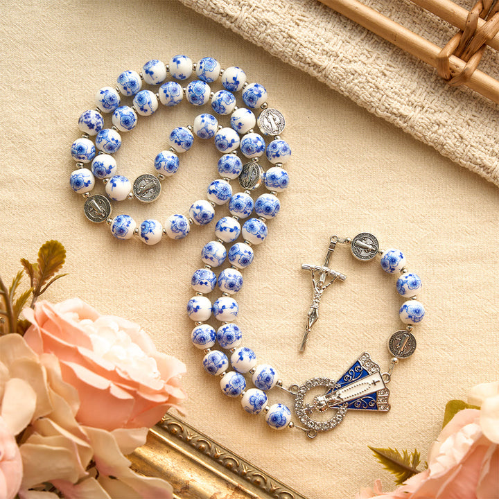 Christianartworkshop Blue & White Floral Ceramic Rosary with St. Benedict Medals & Our Lady - image 34