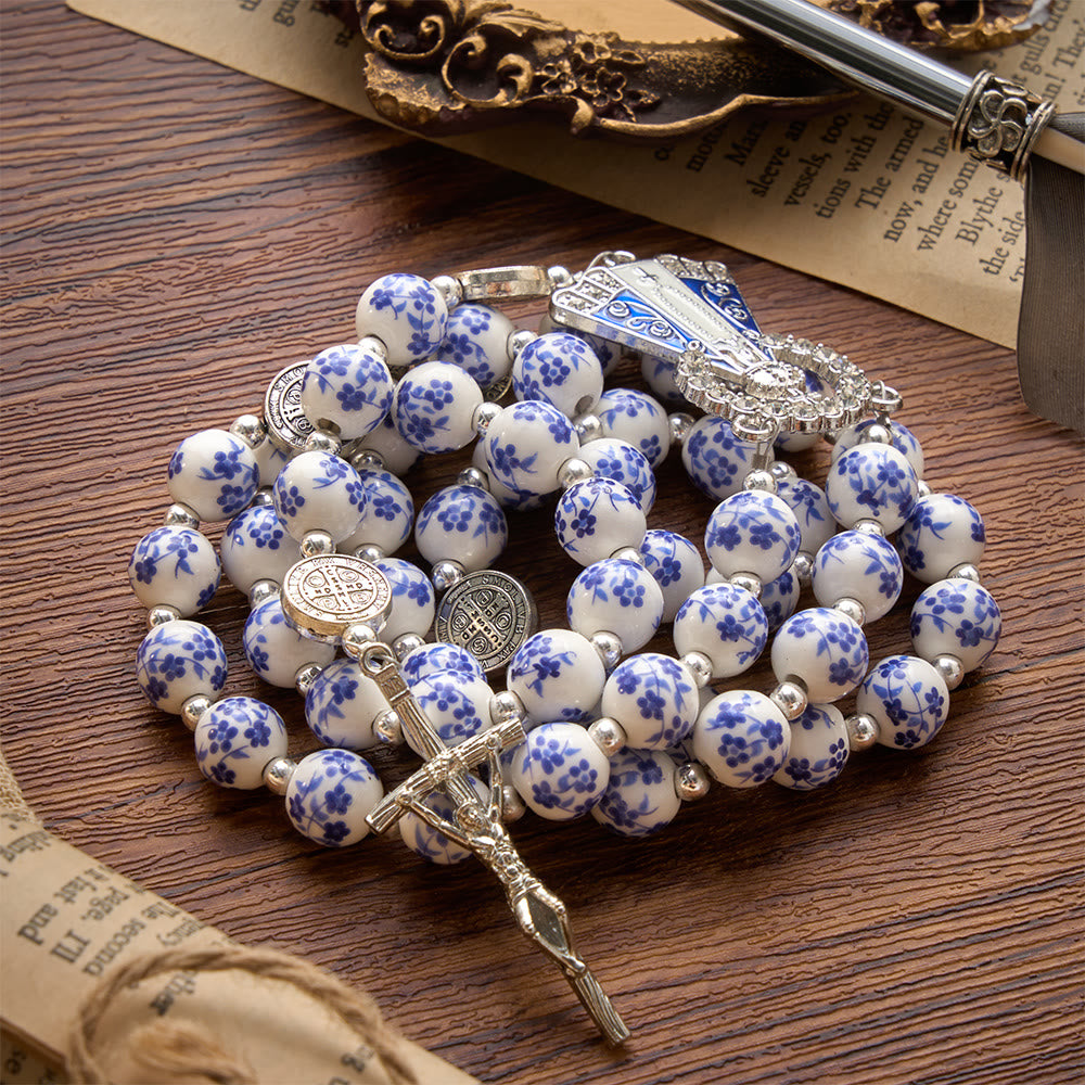 Christianartworkshop Blue & White Floral Ceramic Rosary with St. Benedict Medals & Our Lady - image 36