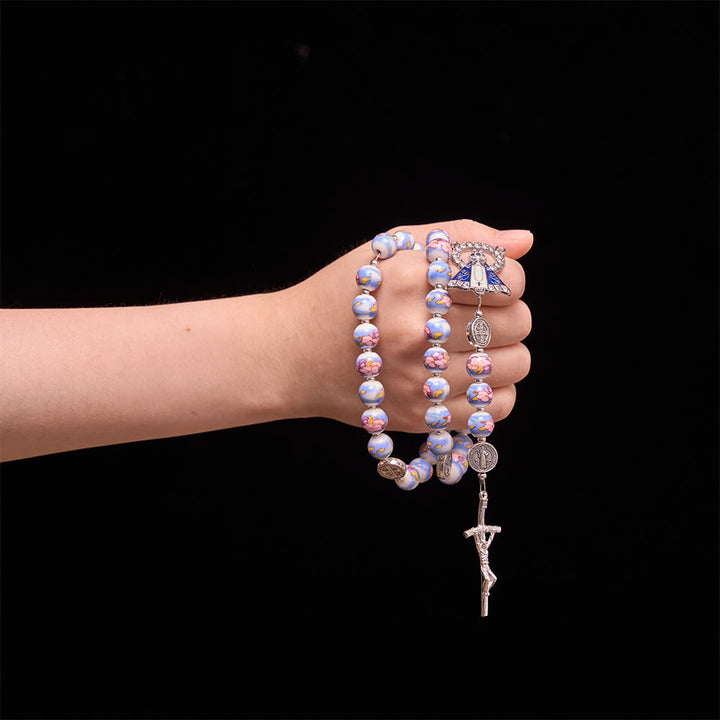 Christianartworkshop Blue & White Floral Ceramic Rosary with St. Benedict Medals & Our Lady - image 22