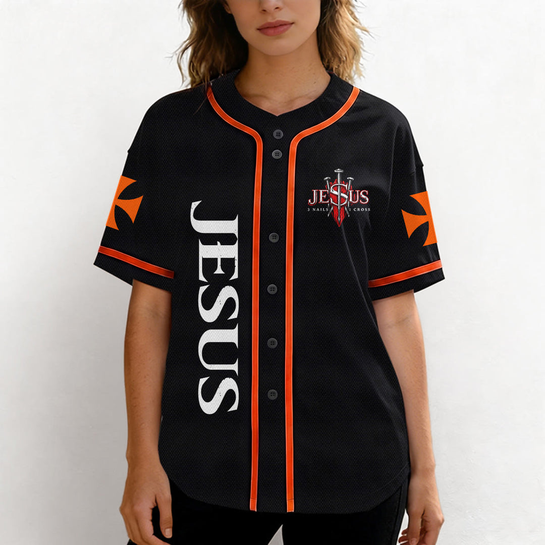 Christianartworkshop Front Vertical Jesus Nail Cross Emblem Back Lightning Lion Of Judah Portrait Button-Up Baseball Jersey - image 19