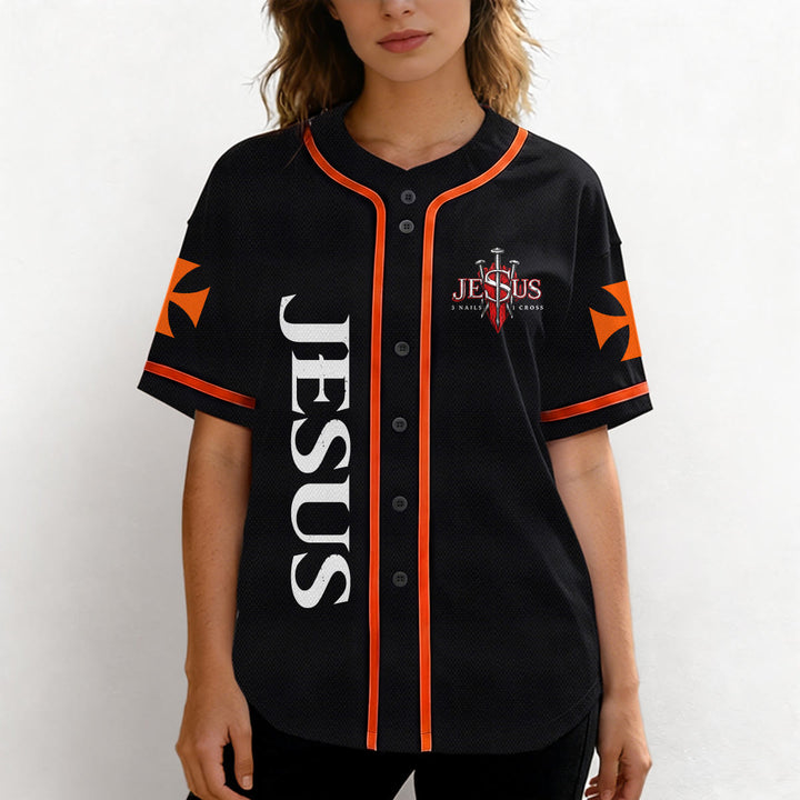 Christianartworkshop Front Vertical Jesus Nail Cross Emblem Back Lightning Lion Of Judah Portrait Button-Up Baseball Jersey - image 19