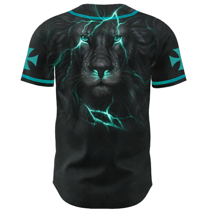 Christianartworkshop Front Vertical Jesus Nail Cross Emblem Back Lightning Lion Of Judah Portrait Button-Up Baseball Jersey - image 23
