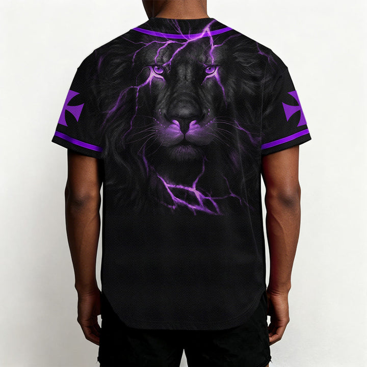 Christianartworkshop Front Vertical Jesus Nail Cross Emblem Back Lightning Lion Of Judah Portrait Button-Up Baseball Jersey - image 53