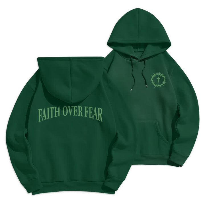 Christianartworkshop Faith Over Fear Thorn Cross Pullover Fleece Lined Polyester Hoodie - Green - 2XL - image 3