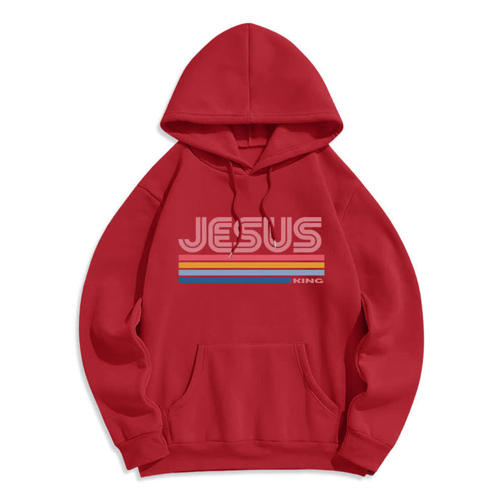 Christianartworkshop Jesus King Retro Stripe Pullover Fleece Lined Polyester Hoodie - Red - 2XL - image 3