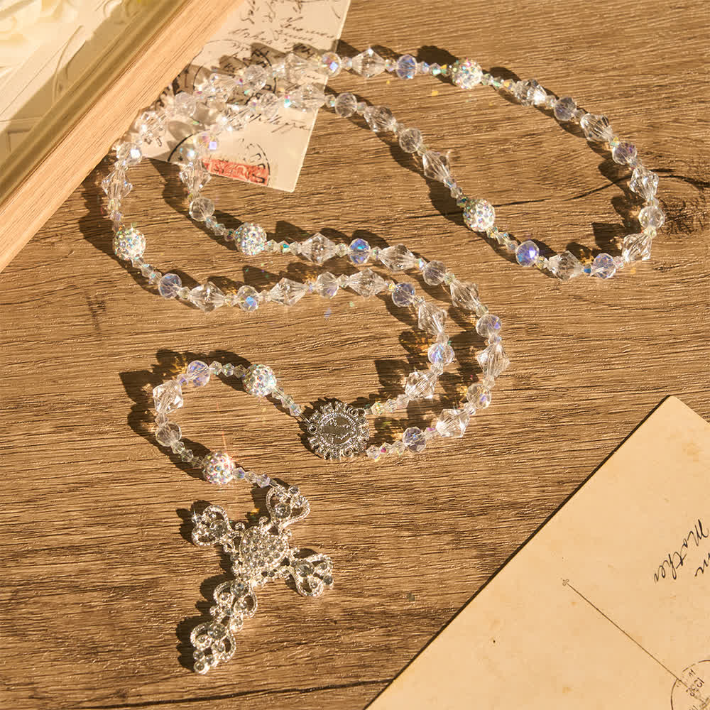 Christianartworkshop Clear Faceted Glass St.Benedict Rosary With Rhinestone Ornate Crucifix: Emblem of Radiant Heavenly Purity - image 1