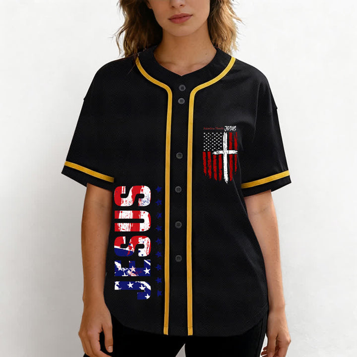 Christianartworkshop America Needs Jesus Distressed Flag Button Up Baseball Jersey - image 4