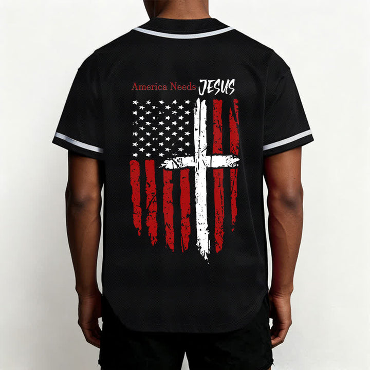 Christianartworkshop America Needs Jesus Distressed Flag Button Up Baseball Jersey - image 12