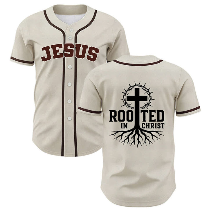 Christianartworkshop Rooted In Christ Black Button Up Baseball Jersey - Beige - 5XL - image 7