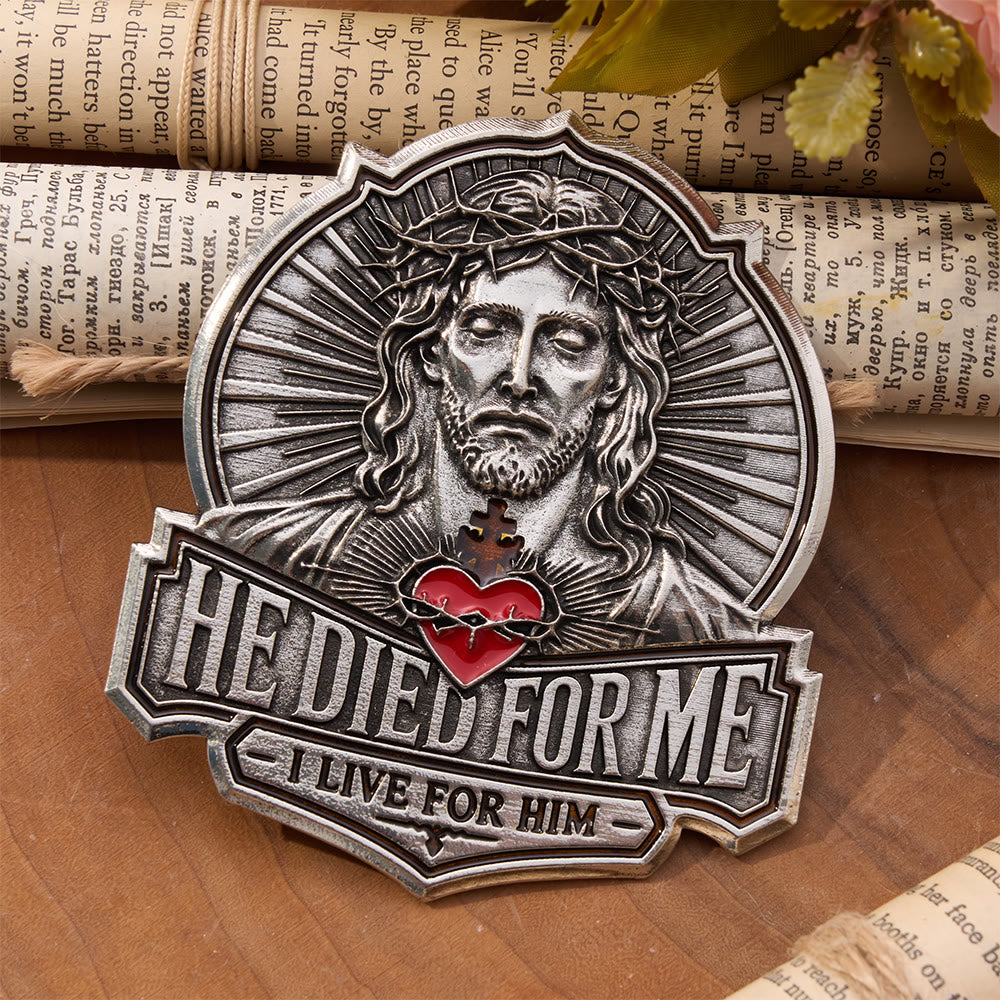 Christianartworkshop Vintage Magnetic He Died For Me Metal Car Emblem: Emblem of Boundless Loving Mercy - 2pcs/set - image 0