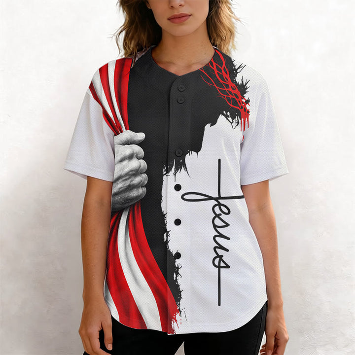 Christianartworkshop Crown Of Thorns Jesus Silhouette Patriotic Unisex Baseball Jersey - image 5
