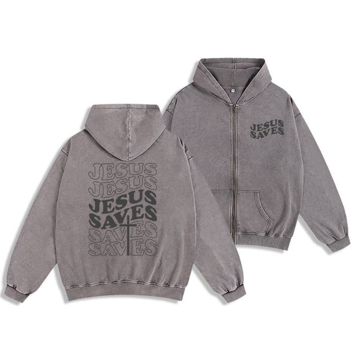 Christianartworkshop Jesus Saves Washed Street Zip-Up Hooded Jacket - Gray - 2XL - image 3