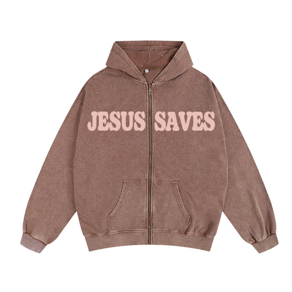 Christianartworkshop Jesus Saves Washed Oversized Streetwear Hooded Jacket - image 2