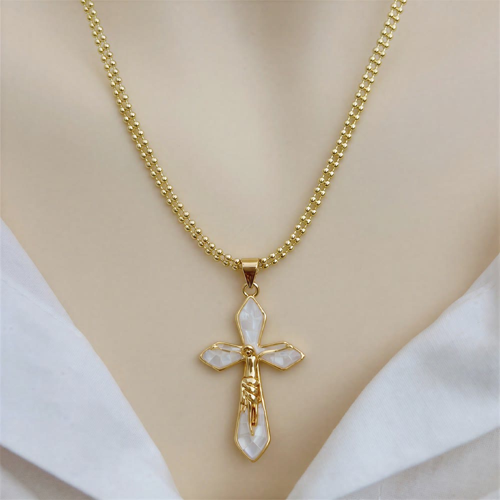 Christianartworkshop Pastel Shell Inlay Curved Cross Chain: Symbol of Constant Divine Shelter - White - image 3