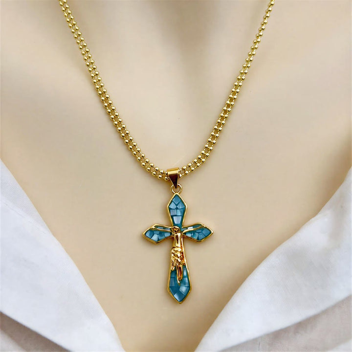 Christianartworkshop Pastel Shell Inlay Curved Cross Chain: Symbol of Constant Divine Shelter - Lake Blue - image 8